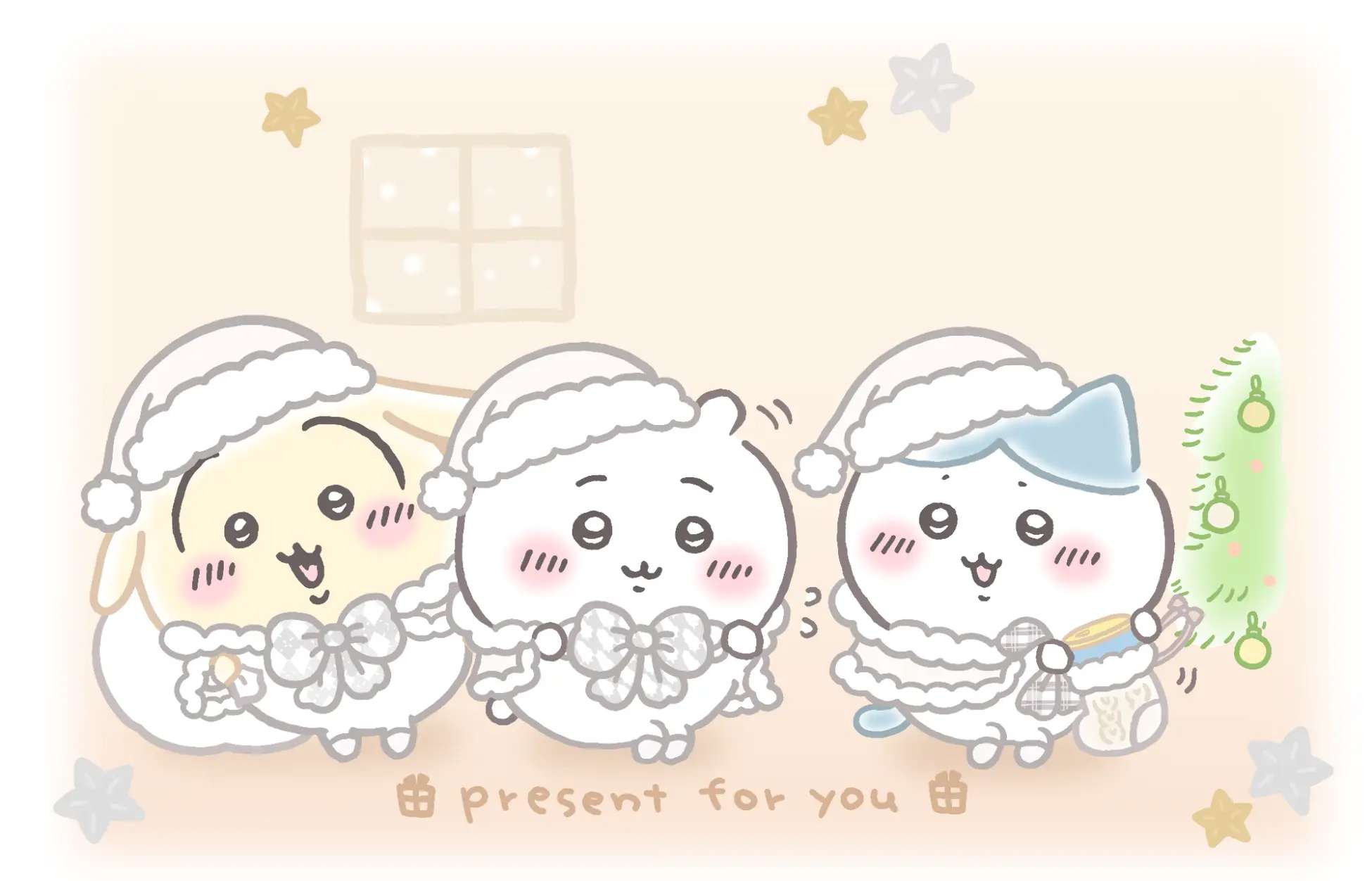 ちいかわパークのクリスマス限定企画のイメージイラスト。白いサンタの帽子とリボンをつけたうさぎ・ちいかわ・ハチワレが並び、「present for you」の文字とクリスマスツリーが描かれている